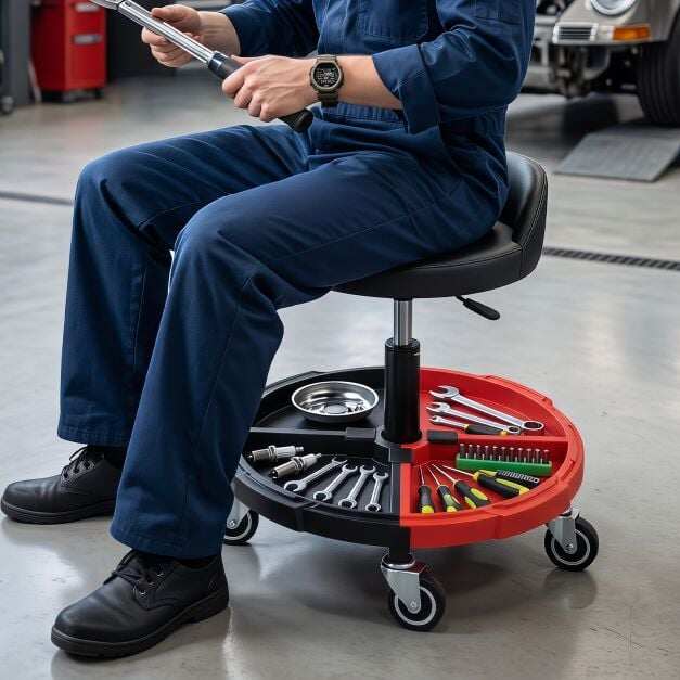 Costway 360° Rolling Mechanic Stool with 1 Tool Storage Tray-Red