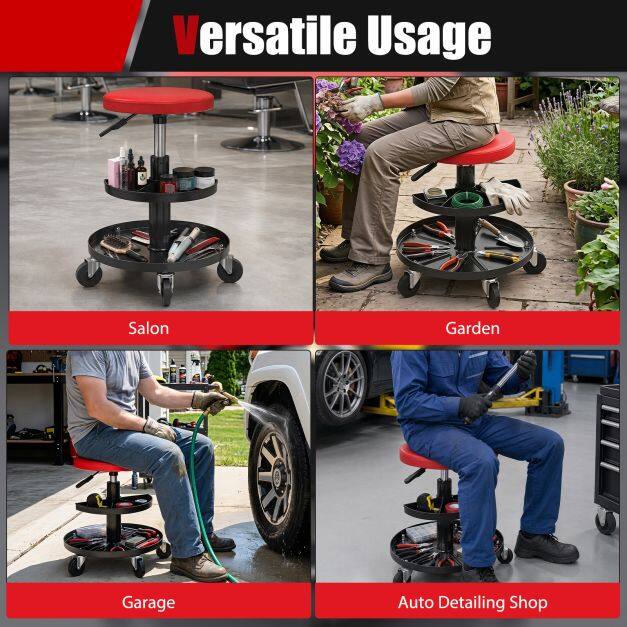 16.5″-22″ Adjustable Height Seat Rolling Mechanic Stool with Wheels-Red