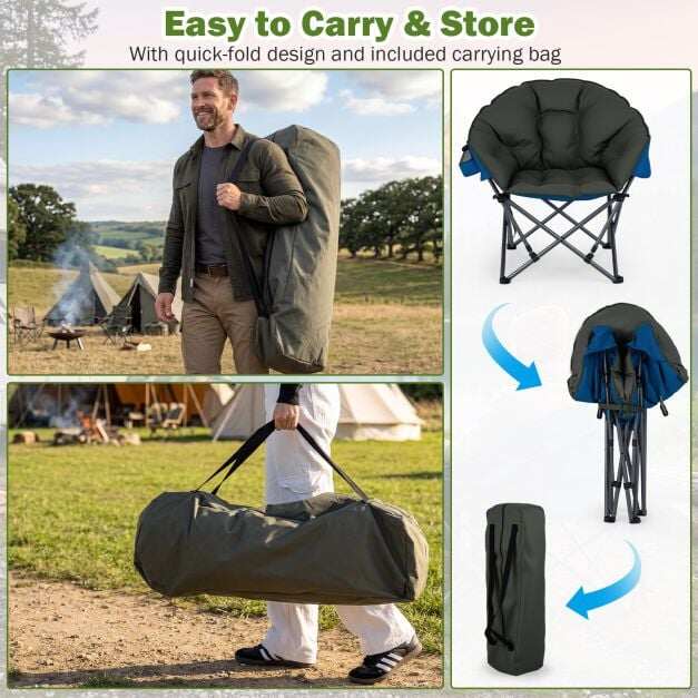 Folding camping chair, up to 227kg, padded, armrests, drink holder, carrying bag, green
