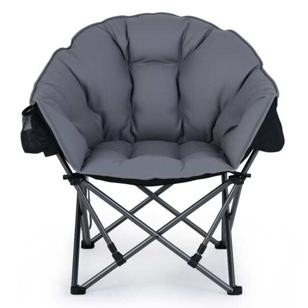 Folding camping chair, up to 227kg, padded, armrests, drink holder, carrying bag, grey