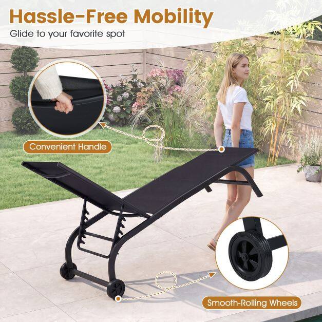 Outdoor Chaise Lounge Chair Set of 2 with Wheels 6-Position Recliner with 180° Full Flat-Black