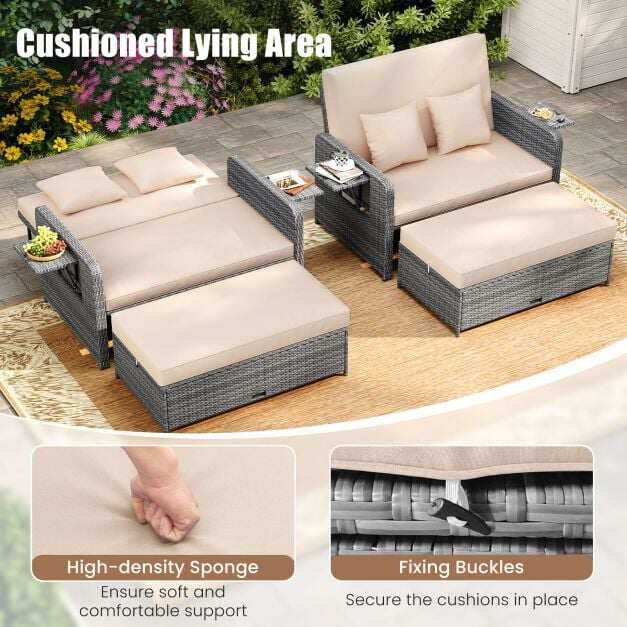 PE Wicker Outdoor Daybed with Loveseat and Ottoman for Poolside-Beige