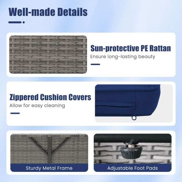 PE Wicker Outdoor Daybed with Loveseat and Ottoman for Poolside-Navy