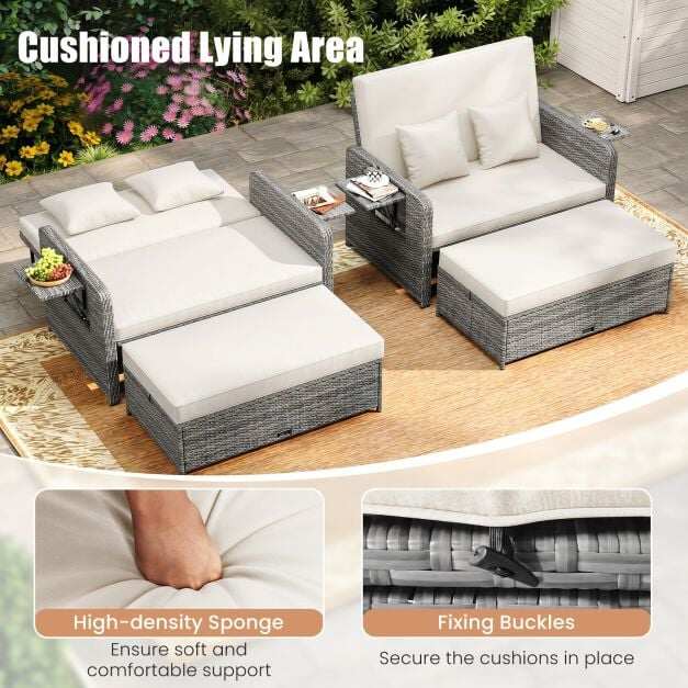 PE Wicker Outdoor Daybed with Loveseat and Ottoman for Poolside-White