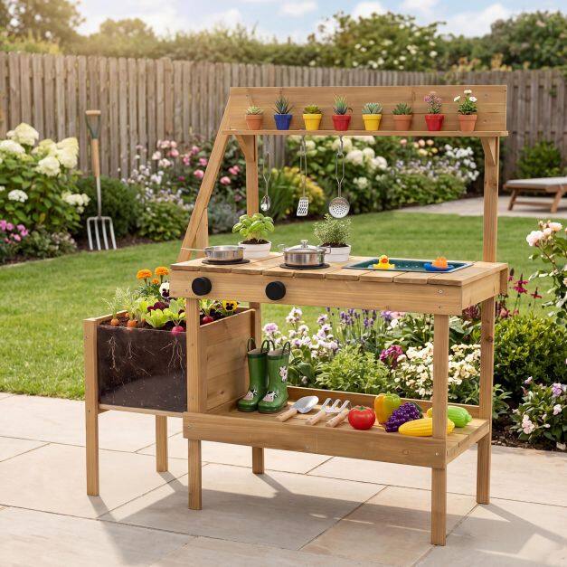 Kids Mud Kitchen with Planter Box and 8 Accessories for Toddlers Aged 3+-Natrual Kids Mud Kitchen with Planter Box and 8 Accessories for Toddlers Aged 3+-Natrual