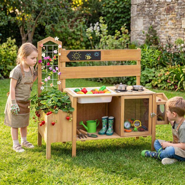 Mud Kitchen for Kids with Detachable Bird Cage and Planter Box for Toddlers Aged 3+-Natrual Mud Kitchen for Kids with Detachable Bird Cage and Planter Box for Toddlers Aged 3+-Natrual