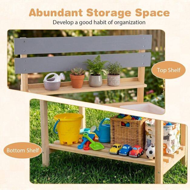 Outdoor Mud Kitchen with Extended Tabletop Sink Faucet and Storage Shelves for Kids-Natural
