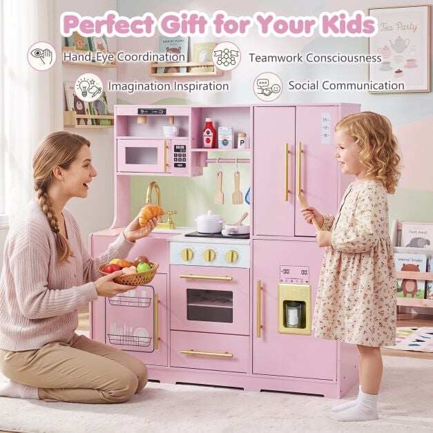 Costway Wooden Play Kitchen with Lights & Sounds and Sink Stove Oven for Kids Ages 3+-Pink