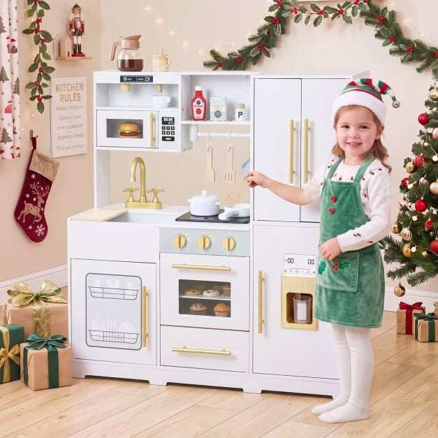Costway Wooden Play Kitchen with Lights & Sounds and Sink Stove Oven for Kids Ages 3+-White