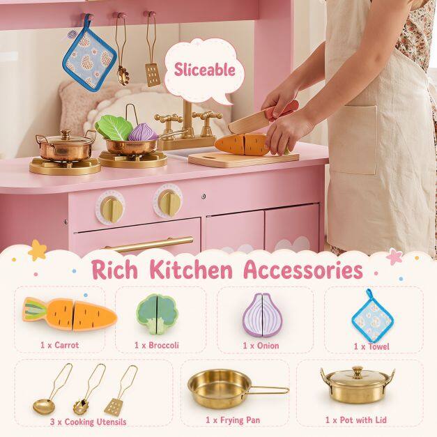 Costway Wooden Play Kitchen with Lights & Sounds and Stove Oven for Toddlers Ages 3+-Pink