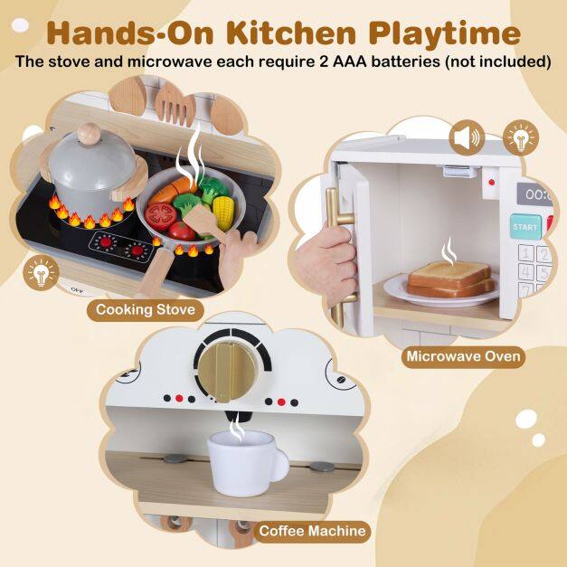 Wooden Pretend Toy Kitchen with Realistic Lights and Sounds-White Wooden Pretend Toy Kitchen with Realistic Lights and Sounds-White