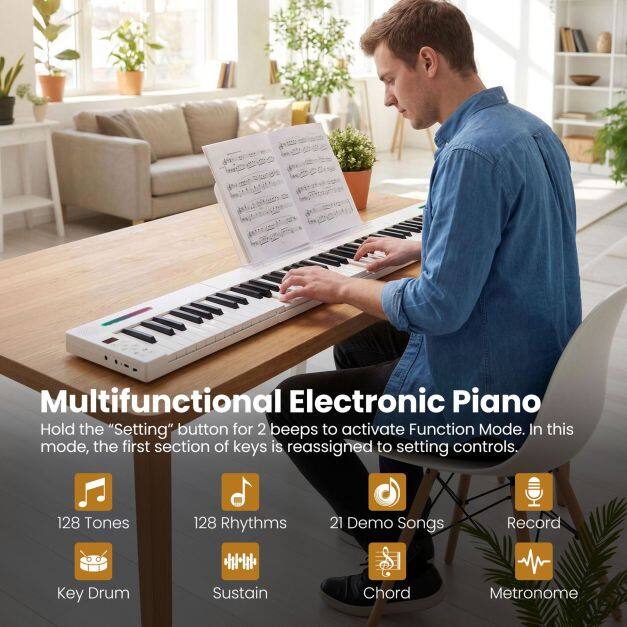 4PCS Portable Folding Full Size Electric Piano with Sustain Pedal Music Stand and Rechargeable Battery-White 4PCS Portable Folding Full Size Electric Piano with Sustain Pedal Music Stand and Rechargeable Battery-White