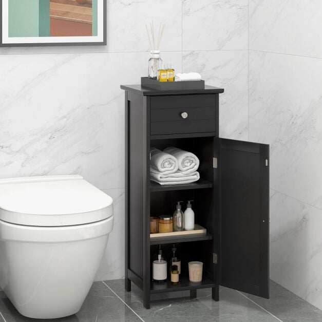 Wooden Bathroom Floor Storage Cabinet with Drawer and Shelf-Black Wooden Bathroom Floor Storage Cabinet with Drawer and Shelf-Black