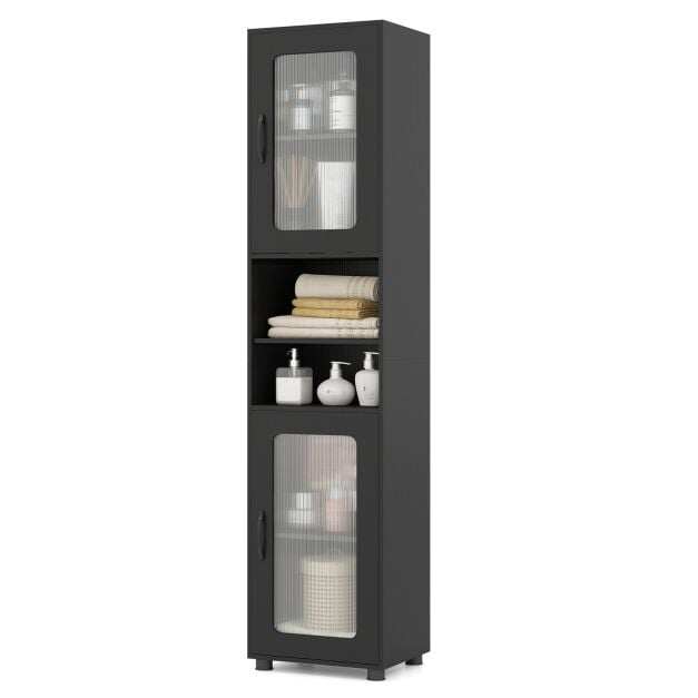 Tall Bathroom Storage Cabinet with Fluted Doors Adjustable Shelf-Dark Black Tall Bathroom Storage Cabinet with Fluted Doors Adjustable Shelf-Dark Black