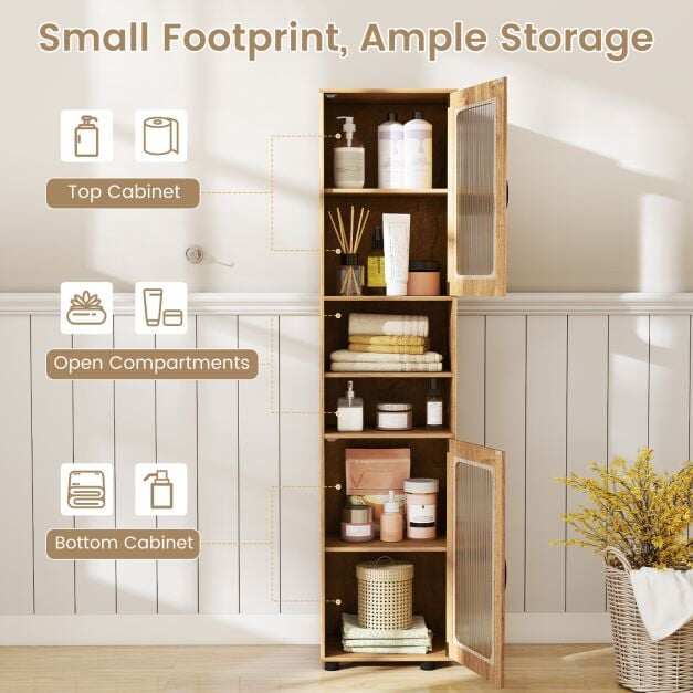 Tall Bathroom Storage Cabinet with Fluted Doors Adjustable Shelf-Natural Tall Bathroom Storage Cabinet with Fluted Doors Adjustable Shelf-Natural