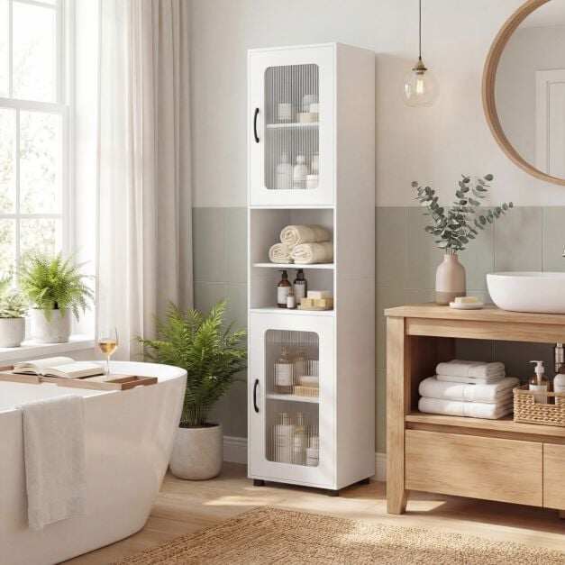Tall Bathroom Storage Cabinet with Fluted Doors Adjustable Shelf-White Tall Bathroom Storage Cabinet with Fluted Doors Adjustable Shelf-White