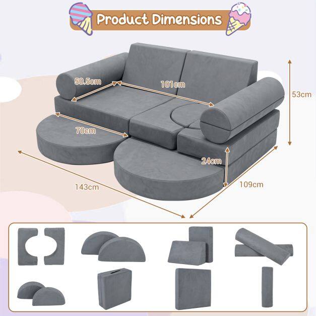 14-Piece Modular Kids Play Couch with Removable Cover-Grey