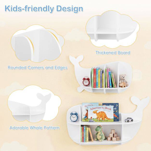 Set of 2 Whale Wall Shelves, Wall-Mounted Floating Shelves with Compartments, Wooden Hanging Shelves, White