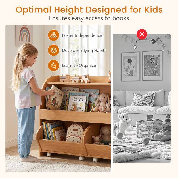 Kids Toy Storage Organizer with 2 Rolling Drawers & 3-Tier Bookshelf for Playroom-Natural Kids Toy Storage Organizer with 2 Rolling Drawers & 3-Tier Bookshelf for Playroom-Natural