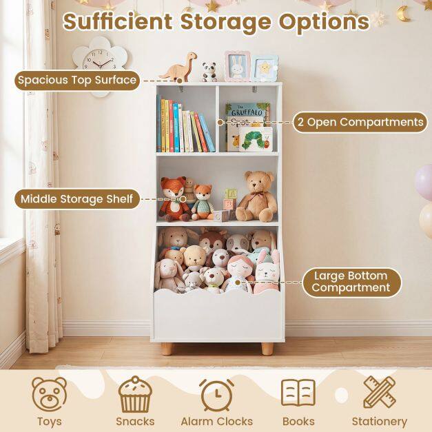 3-Ter Bookshelf with 2 Anti-Toppling Devices and 3 Compartments for Bedroom-White 3-Ter Bookshelf with 2 Anti-Toppling Devices and 3 Compartments for Bedroom-White