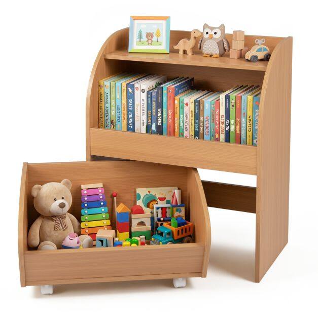 Costway Children's bookshelf/toy shelf with rolling wooden drawer and 2 open compartments, natural finish Costway Children's bookshelf/toy shelf with rolling wooden drawer and 2 open compartments, natural finish