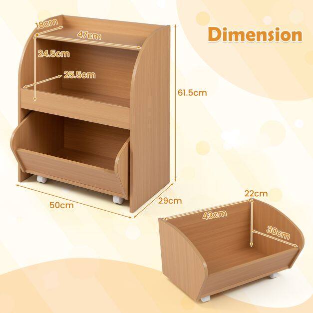 Children's bookshelf/toy shelf with rolling wooden drawer and 2 open compartments, natural finish Children's bookshelf/toy shelf with rolling wooden drawer and 2 open compartments, natural finish