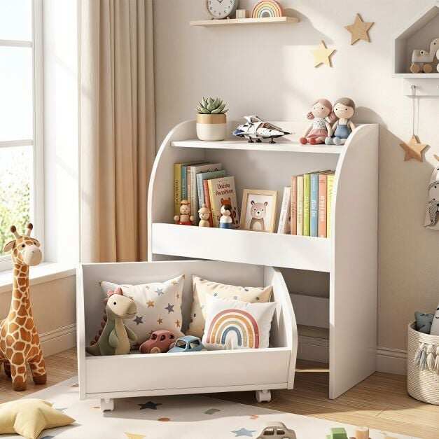Laste raamatu-/mänguasjariiul rulluva puidust sahtli ja kahe avatud sektsiooniga, valge