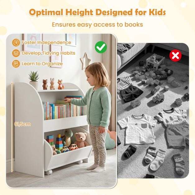 Children's bookshelf/toy shelf with rolling wooden drawer and 2 open compartments, white Children's bookshelf/toy shelf with rolling wooden drawer and 2 open compartments, white