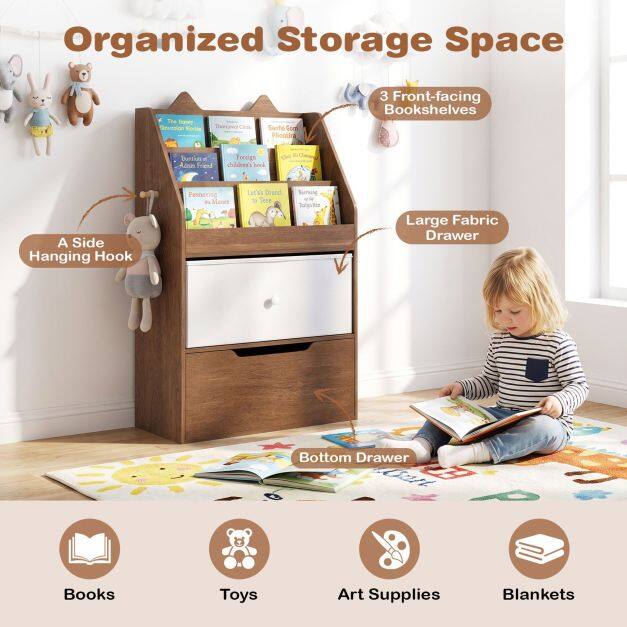 Kids Bookshelf with Drawer and Removable Fabric Bin-Natural Kids Bookshelf with Drawer and Removable Fabric Bin-Natural