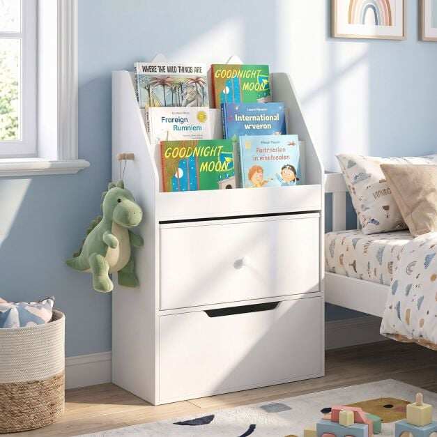 Kids Bookshelf with Drawer and Removable Fabric Bin-White Kids Bookshelf with Drawer and Removable Fabric Bin-White
