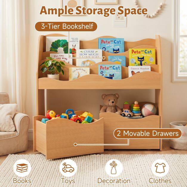 Kids Toy Wooden Storage Organizer with 2 Rolling Drawers for Kids Room-Natrual Kids Toy Wooden Storage Organizer with 2 Rolling Drawers for Kids Room-Natrual