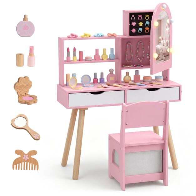 Kids Vanity Set Pretend Play Dressing Table Set with 3-Color Lighting Modes and Mirror Cabinet-Pink