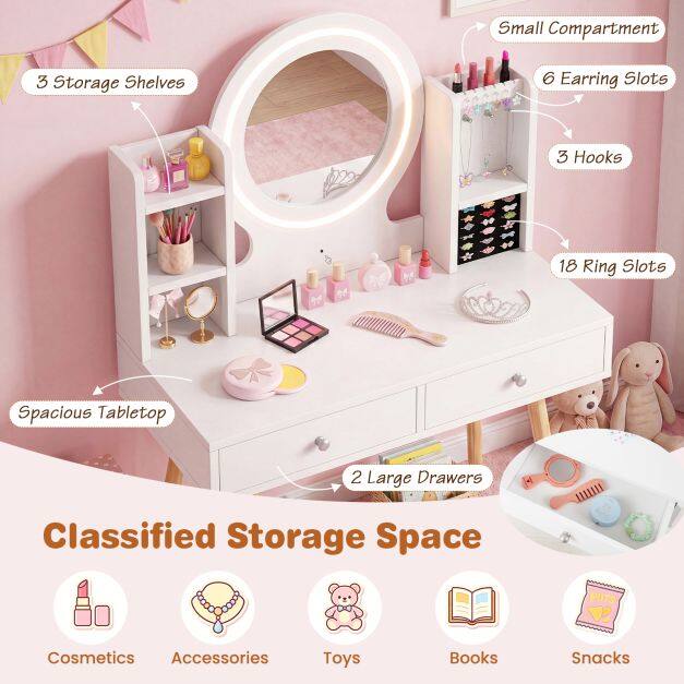 Kids Vanity Set with Lights and LED Mirror for Children 3 Plus-White Kids Vanity Set with Lights and LED Mirror for Children 3 Plus-White