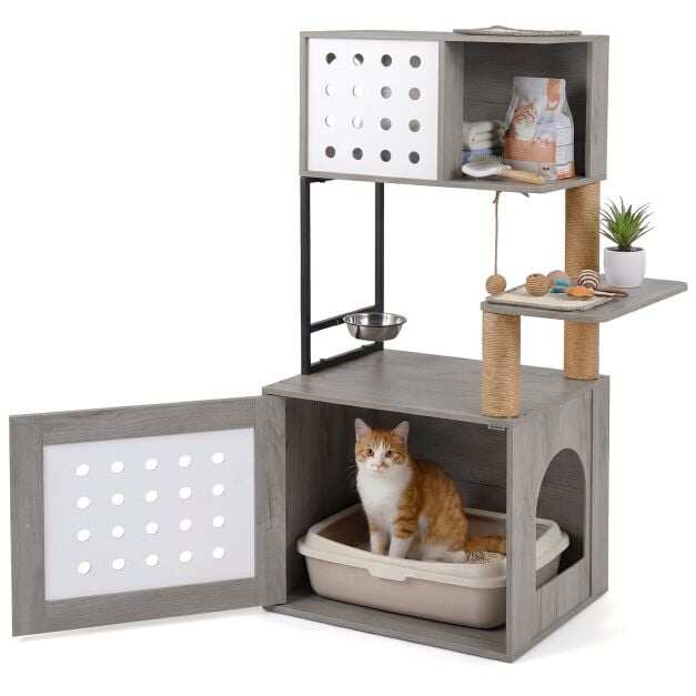 Cat tree with litter box cabinet, 117.5 cm, multi-level cat tree with feeding station