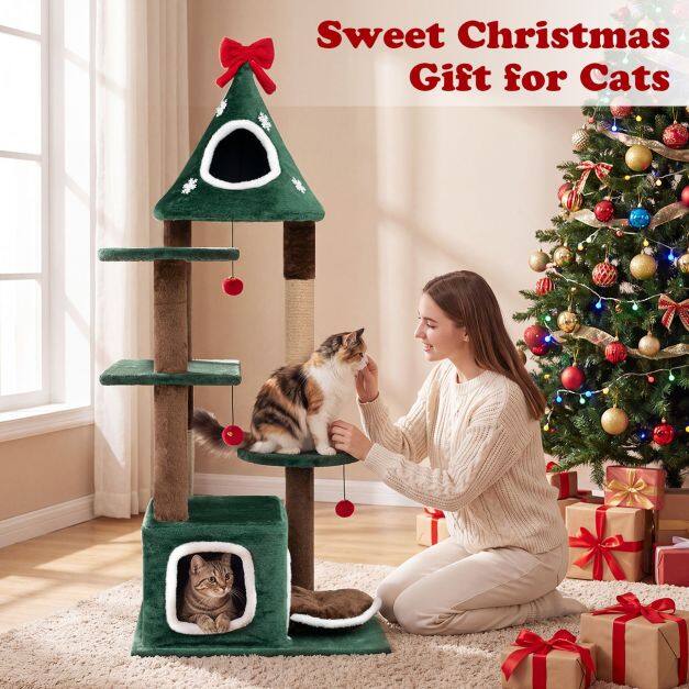 54″Christmas Cat Tree with 2 Condos and Removable Cushion-Green