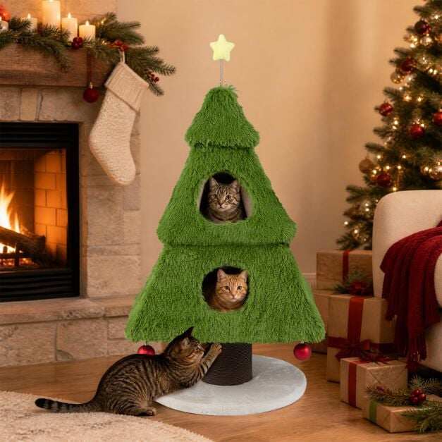 Christmas Cat Tree with Scratching Post and Dangling Balls for Indoor Cats-Green