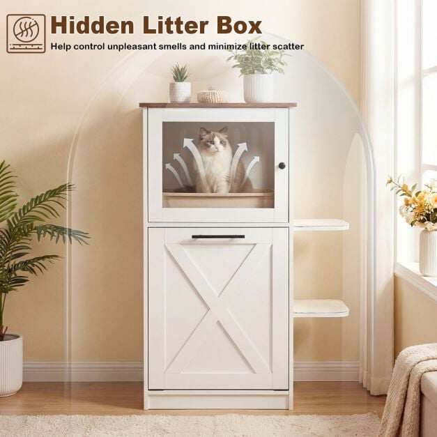 Cat litter box cabinet 115 cm Modern hidden cat house with 2 scratching mats & fold-down compartment White