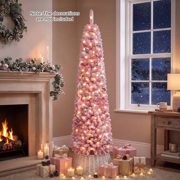 180 cm Pink Artificial Christmas Tree, Pre-lit Pencil Xmas Tree