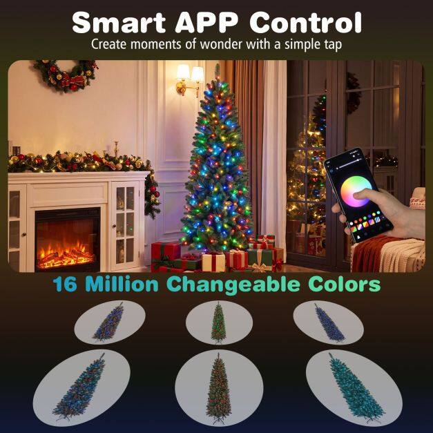 Hinged Pencil Xmas Tree with 350/250 Color Changing RGB Lights and Adjustable Brightness Speed-180cm Hinged Pencil Xmas Tree with 350/250 Color Changing RGB Lights and Adjustable Brightness Speed-180cm