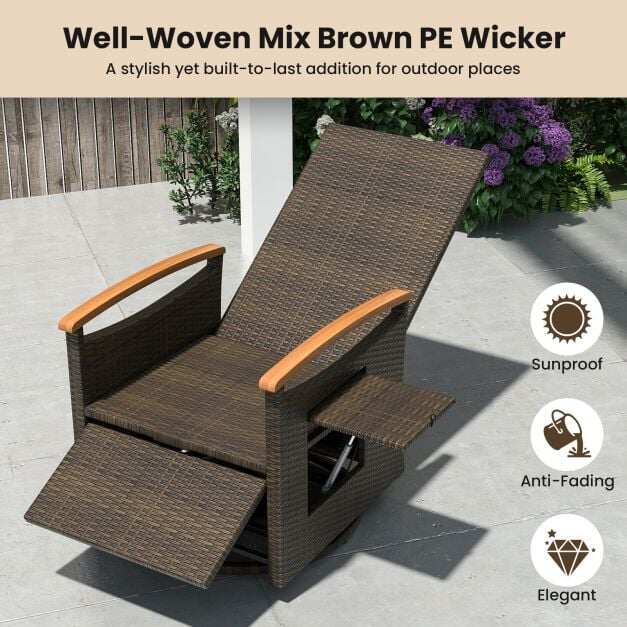 Outdoor 360° Swivel Rattan Recliner Chair with Adjustable Backrest and Footrest-Grey