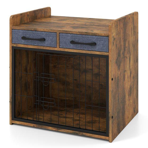 Indoor Dog Cage with 2 Fabric Drawers and Lockable Door-Rustic Brown Indoor Dog Cage with 2 Fabric Drawers and Lockable Door-Rustic Brown