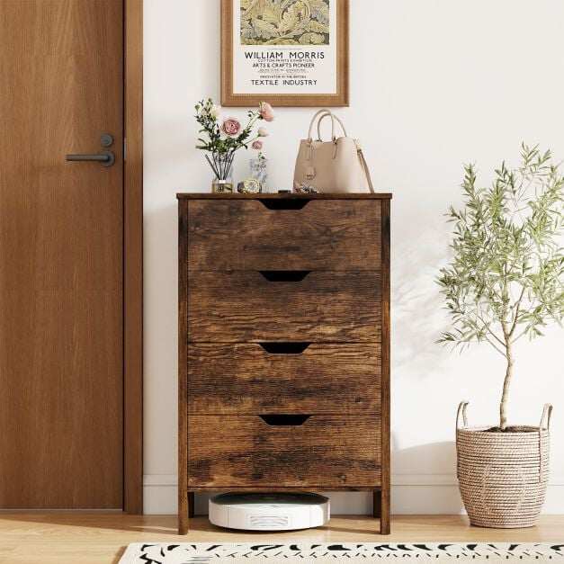 4-Drawer Wooden Tall Utility Storage Dresser with Anti-Toppling Kits for Bedroom-Rustic Brown