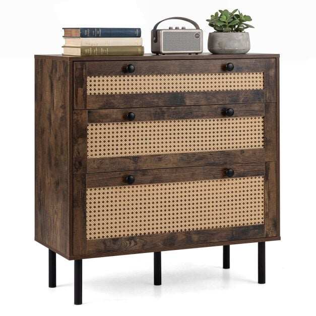 Dresser with 3 Drawers and Rattan Design and 5 Metal Legs for Bedroom-Rustic Brown Dresser with 3 Drawers and Rattan Design and 5 Metal Legs for Bedroom-Rustic Brown