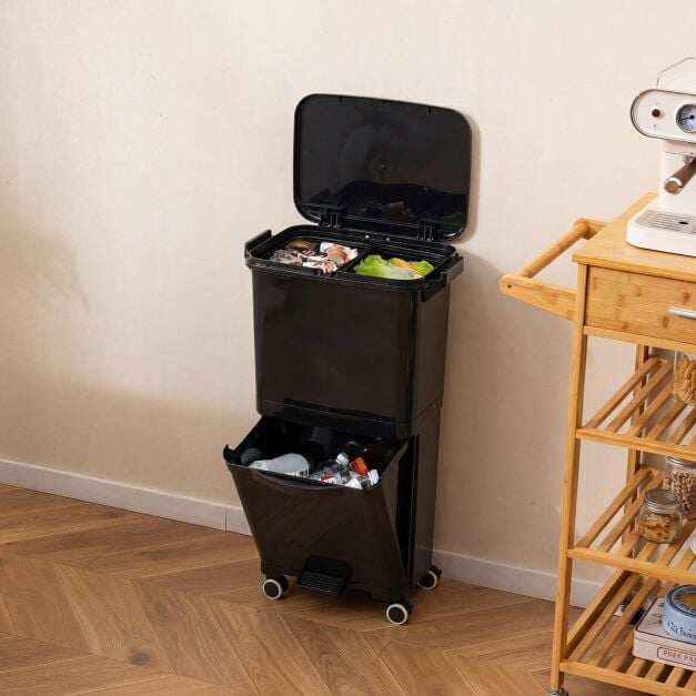 36-liitrine prügikast kahe eemaldatava sektsiooni, kallutatava osa ja jäätmeklassifikatsioonikleebistega, must