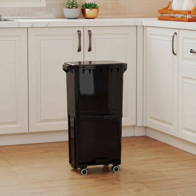 36L waste bin with 2 removable compartments, tilting section & waste classification stickers, black