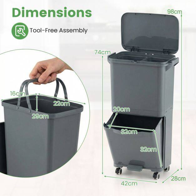 36L waste bin with 2 removable compartments, tilting section & waste classification stickers, grey