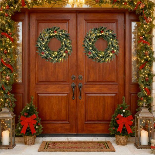24” Pre-lit Christmas Wreath Front Door Artificial Xmas Wreath with 90 Frosted Branch Tips