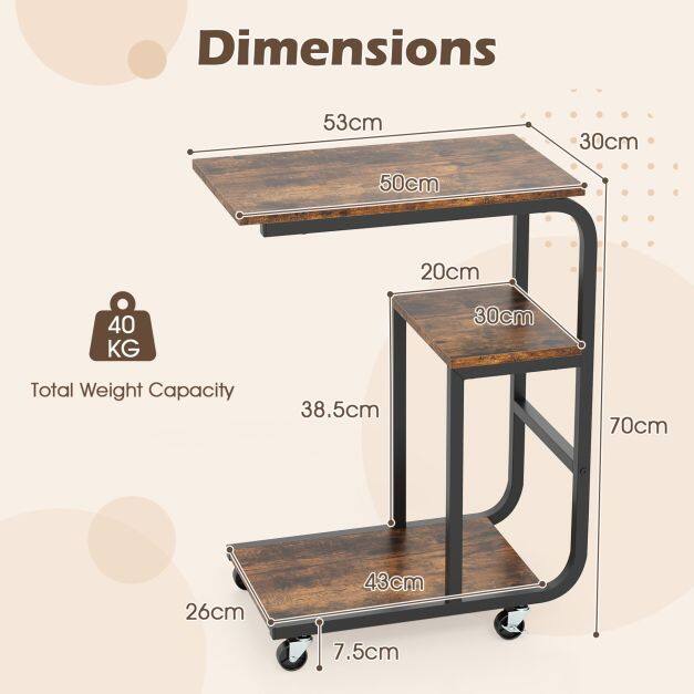 Set of 2 C-shaped side tables with open shelves and lockable castors. Space-saving Set of 2 C-shaped side tables with open shelves and lockable castors. Space-saving