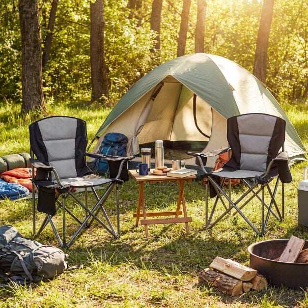 Oversized Camping Chair, Portable Folding Chair with Zippered Cooler Bag & Drink Holder, Black