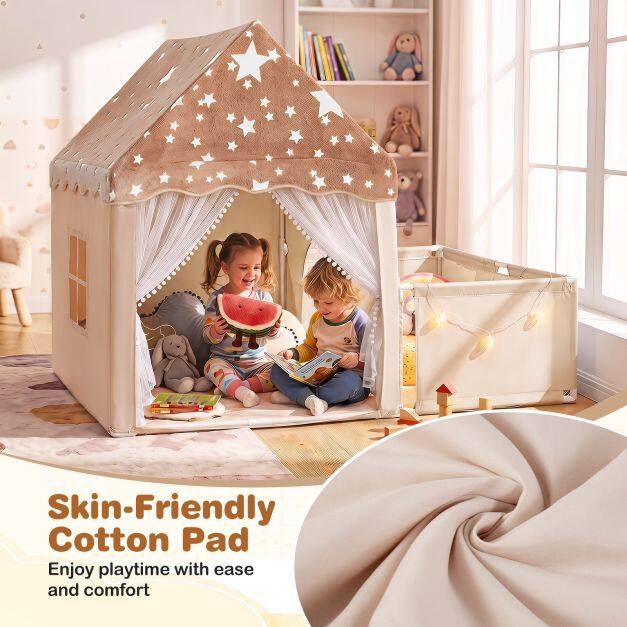 2-in-1 Play Tent, Children's Tent, Glows in the Dark, with Playpen, Playhouse with Mat & Window, Beige